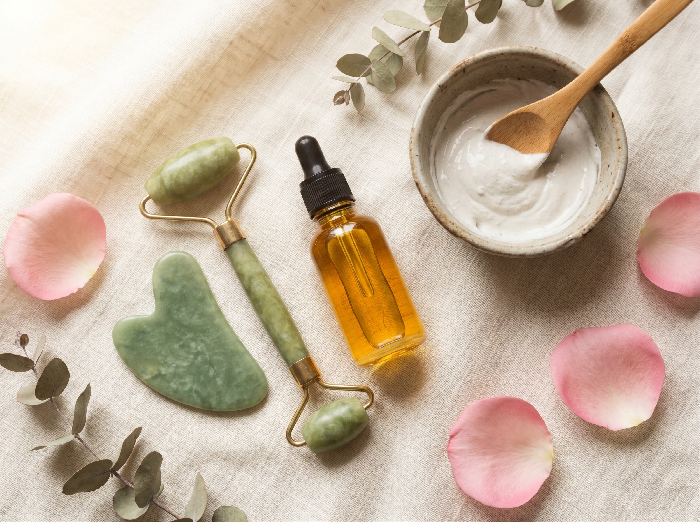 Productos naturales para tratamiento facial sobre lino