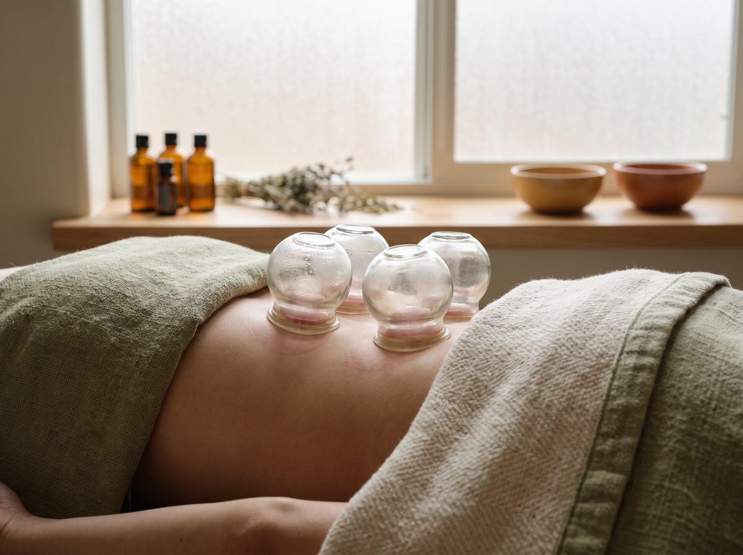 Terapia de ventosas de vidrio sobre espalda en setting de spa